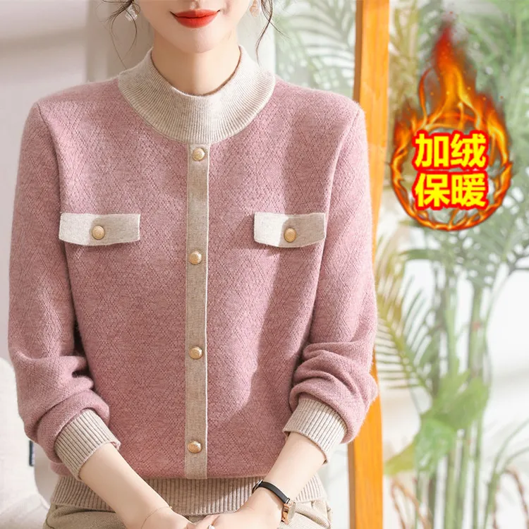 2025年妈妈秋冬小香风毛衣一体绒针织打底衫新款女装加绒加厚上衣