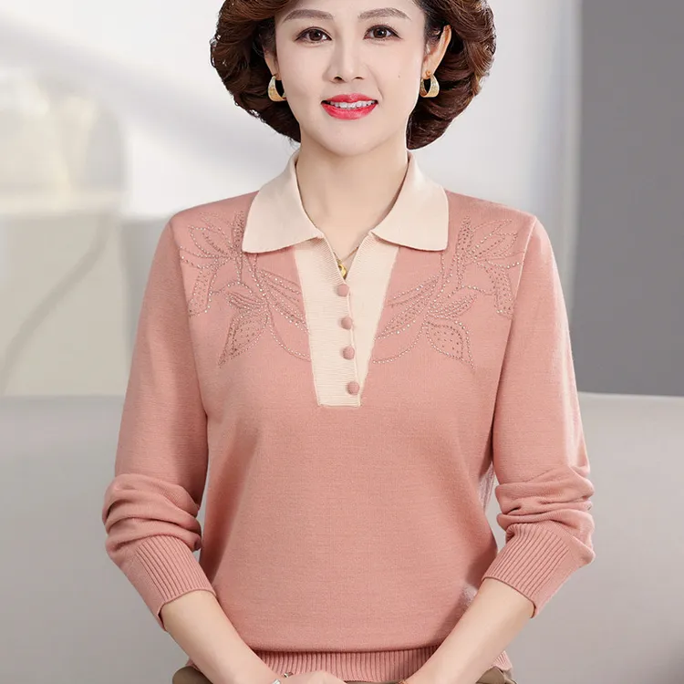 套装2025新款妈妈秋装时尚针织衫上衣中老年女洋气翻领春秋打底衫