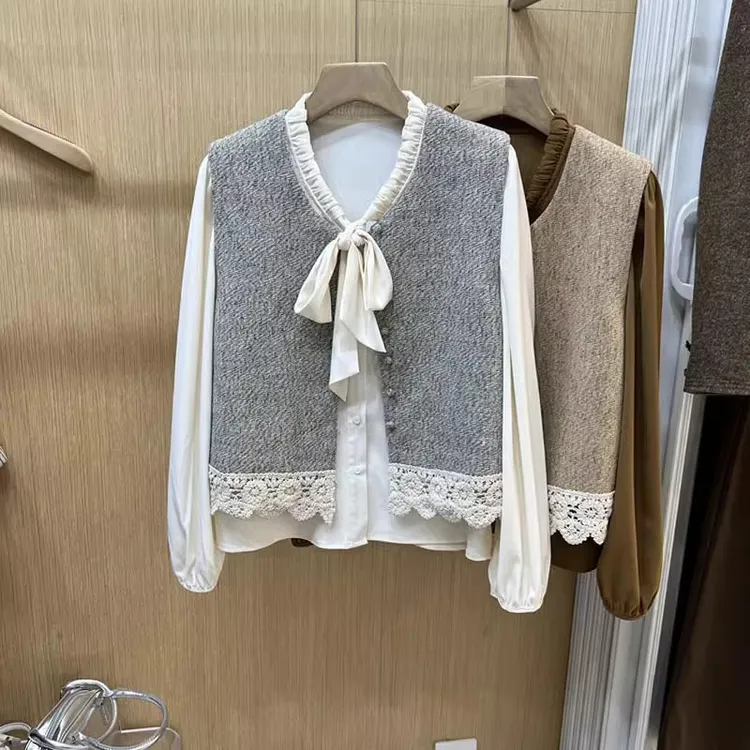 胖MM大码减龄蕾丝花边马甲系带蝴蝶结衬衫上衣两件套女大版春秋潮