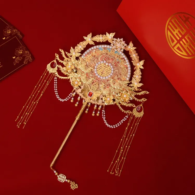 喜扇中式婚礼秀禾团扇结婚新婚成品手工diy材料包扇子结婚喜扇