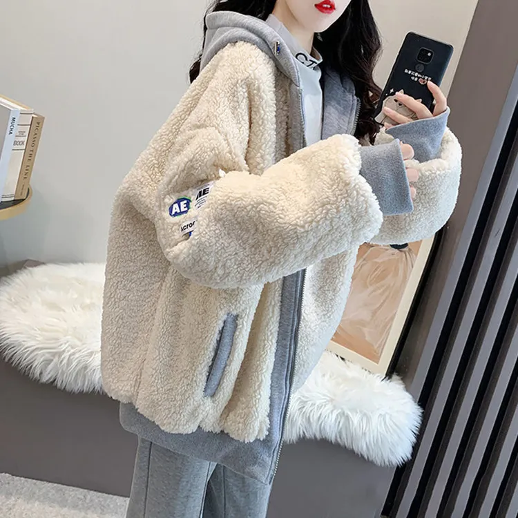 羊羔毛绒卫衣女秋冬2025年新款韩版宽松连帽加厚洋气慵懒上衣外套