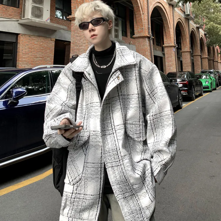 vintage小香风格子毛呢外套男款春秋日系复古潮牌高级感呢子夹克