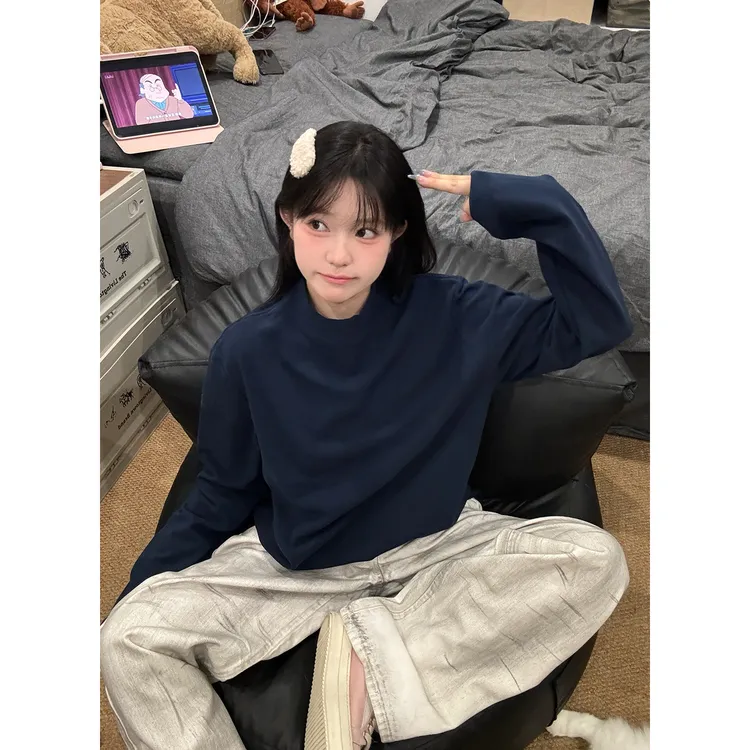 藏青色半高领打底衫长袖t恤男女春秋美式潮牌高级感早秋上衣外套