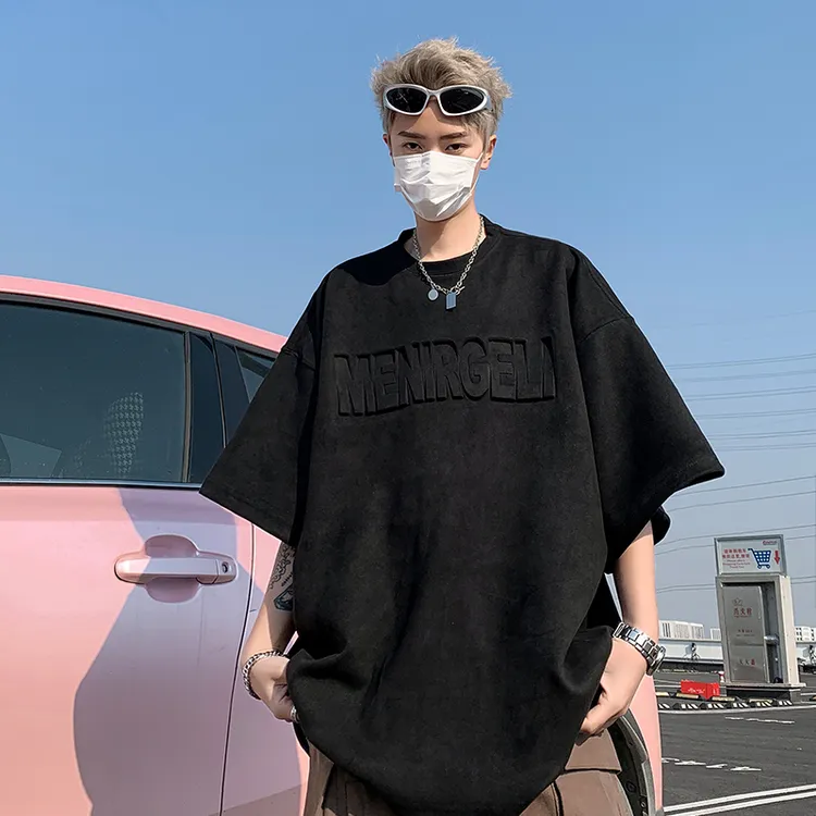 仿麂皮绒重磅300g钢印短袖t恤男夏季美式高街潮牌痞帅宽松五分袖