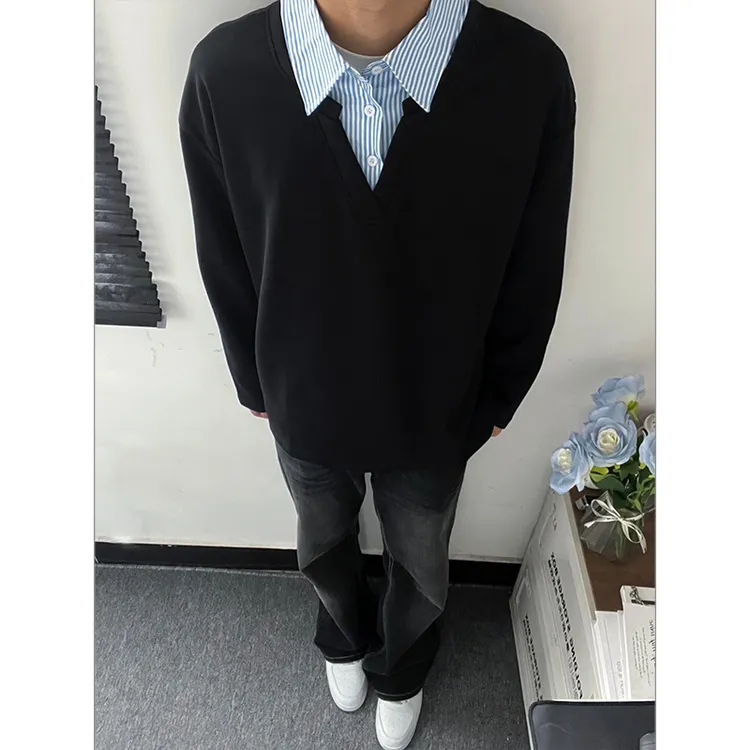 假两件polo衬衫领长袖t恤卫衣男秋冬加绒美式潮牌高级感宽松外套