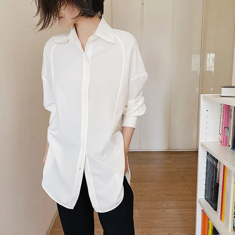 通勤衬衫百搭春季款时尚设计感中长款小众白衬衫女士宽松大码长袖