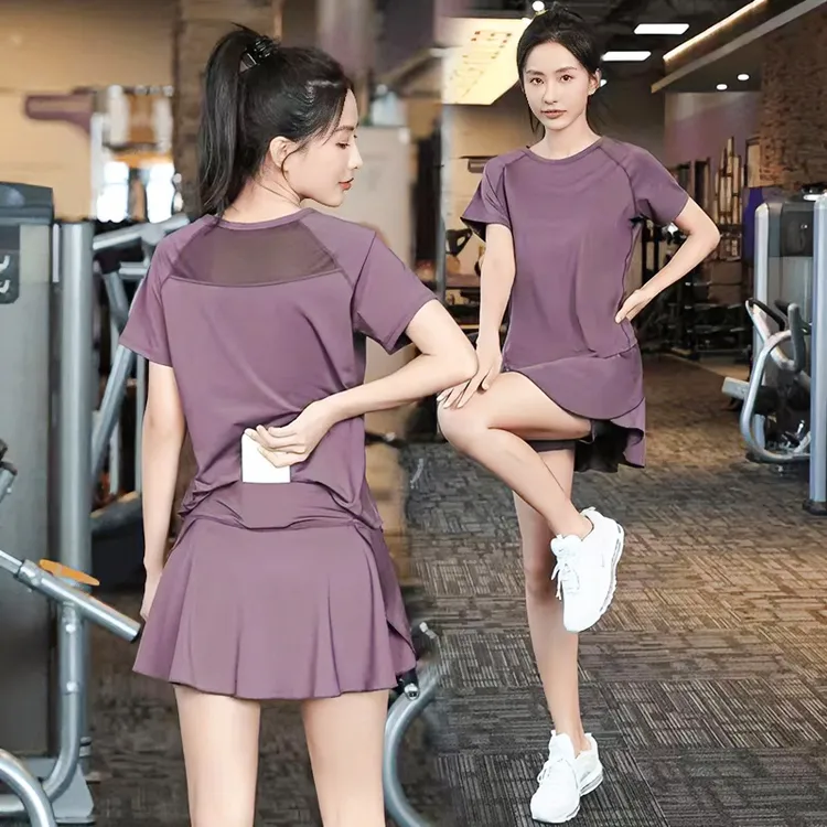 网红瑜伽服套装女宽松速干t恤跑步健身短裙外穿夏季大码运动套装