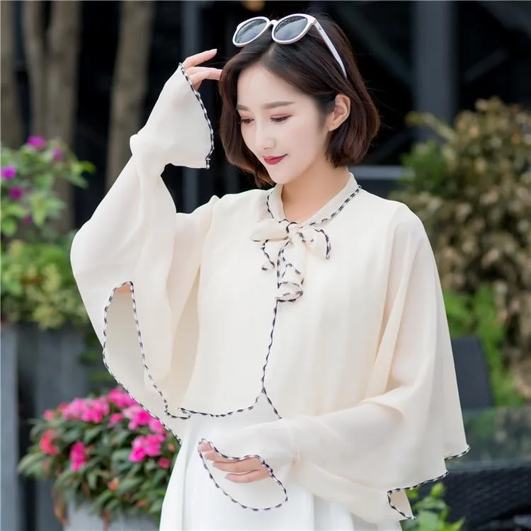 春夏季女骑车开车防晒衣雪纺衣衫电动车丝巾披风荷叶边防晒披肩