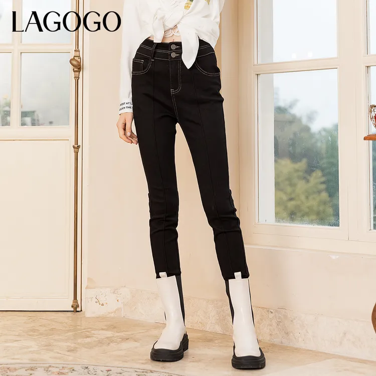 Lagogo拉谷谷冬季新款黑色高腰弹力修身显瘦牛仔裤女铅笔裤长裤子