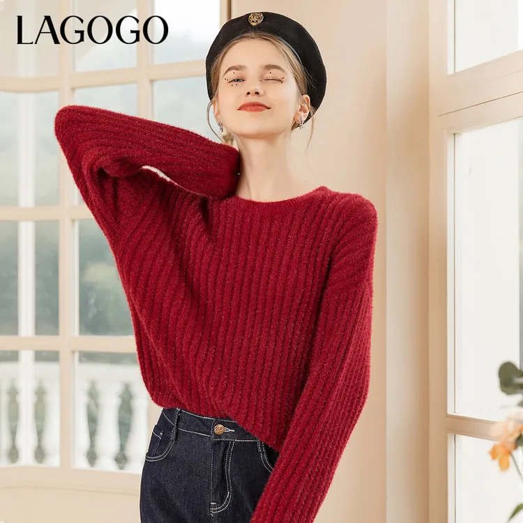 Lagogo拉谷谷冬季新款圆领针织衫女新年红毛衣复古纯色上衣设计感