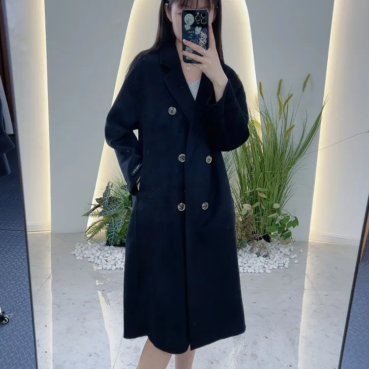 Lagogo/拉谷谷LAGOGO拉谷谷专柜新款黑色双面呢手工缝制大衣气质