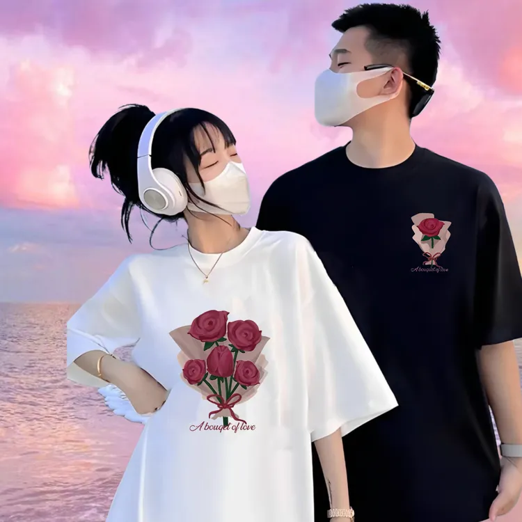 《发两件》玫瑰花束情侣装2024ins潮流印花夏季新款简约百搭时尚T恤