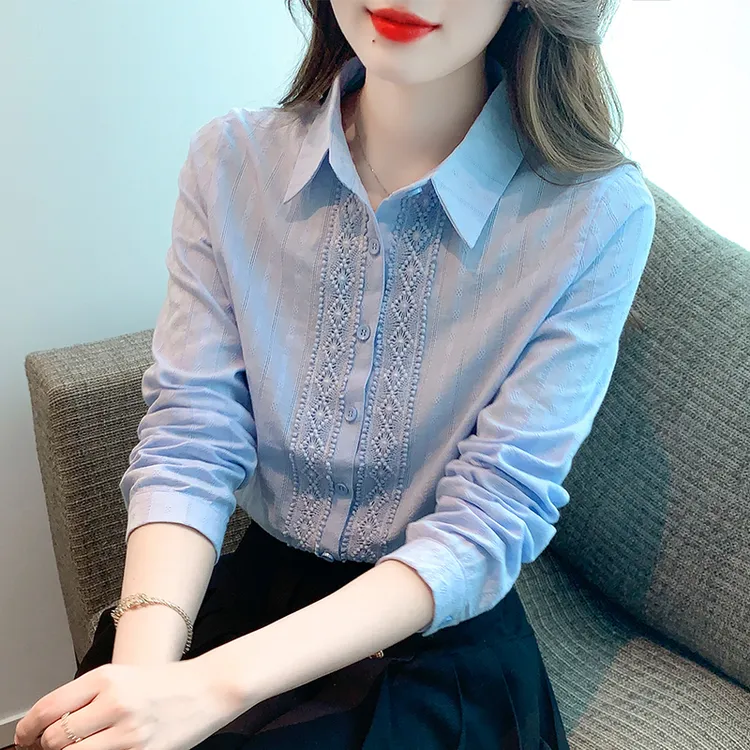 爆款女装衬衫时尚春秋新款显瘦蕾丝设计感小众打底衫洋气全棉衬衣