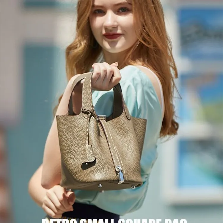 高级感真皮菜篮子包女手提大容量头层牛皮水桶包