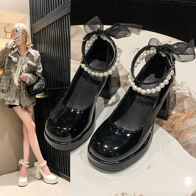 法式珍珠仙女风伴娘鞋玛丽珍鞋子防水台高跟鞋女一字扣带粗跟单鞋