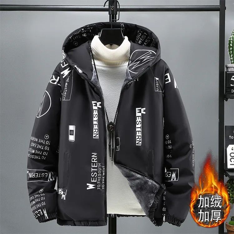 冬季加绒保暖外套男青少年酷帅字母款学生加厚棉衣英伦风大码男装