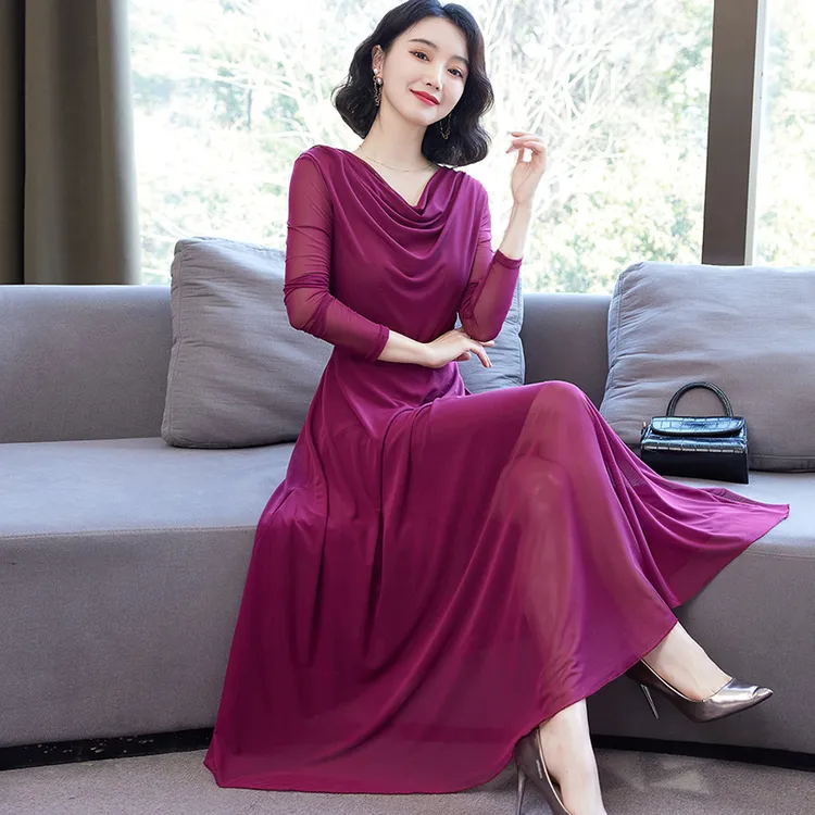 秋季气质网纱长袖连衣裙女2025新款修身显瘦中长款洋气时尚长裙
