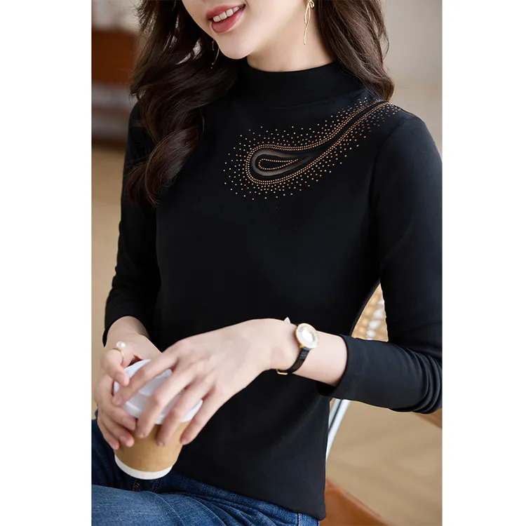 半高领水滴镂空烫钻百搭洋气时尚显瘦德绒长袖小衫女秋冬2024新款