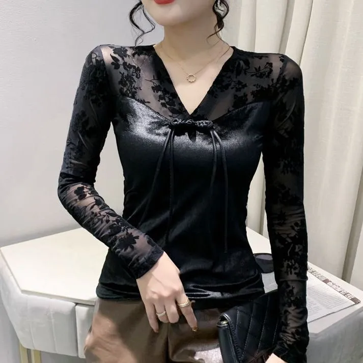 【C魅甄选】A397网纱打底衫女2025新款春装复古上衣V领长袖T恤小衫