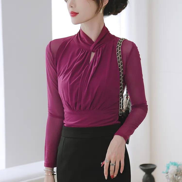 修身网纱打底衫女2025秋冬新款内搭时尚立领长袖上衣t恤洋气小衫