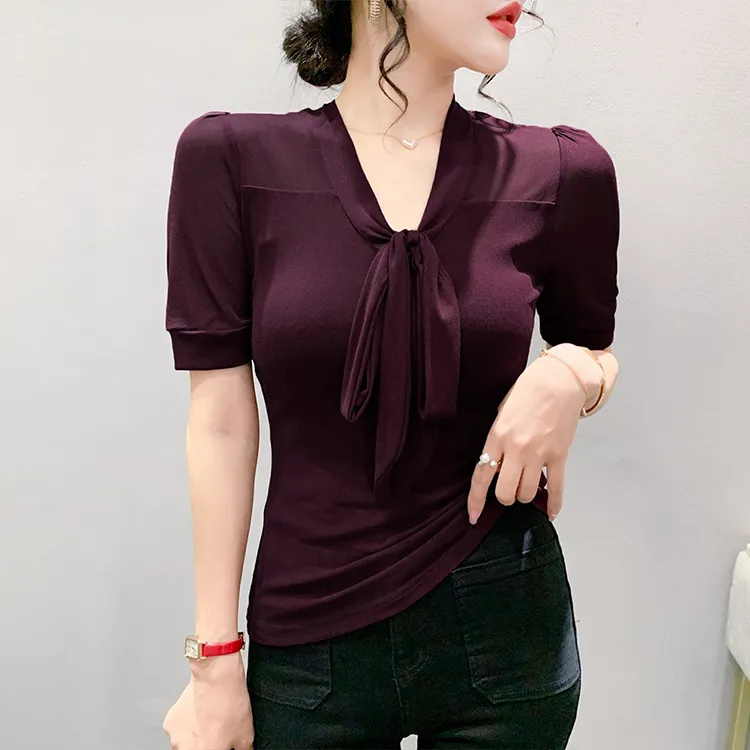 时尚系带蝴蝶结T恤女短袖夏欧货性感V领网纱上衣修身显瘦气质小衫