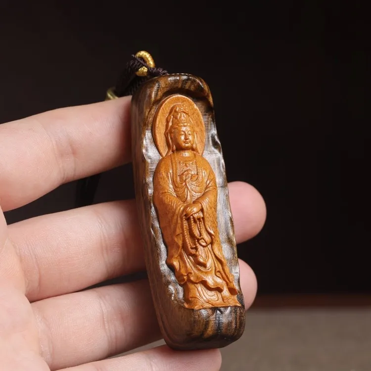 （7/2镶嵌观音）巴布亚贡木天然复古精工原木雕刻挂件