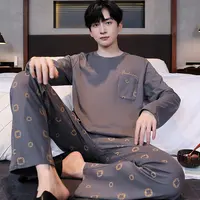 卡之恋男睡衣春秋款长袖纯棉简约高档中年爸爸加肥加大家居服套装