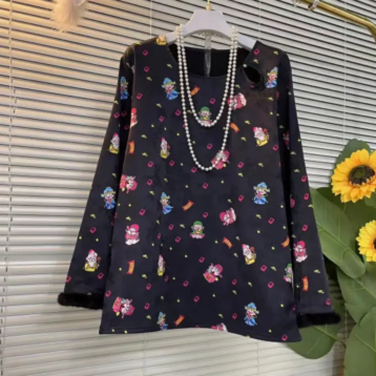 新中式国风财神爷印花加绒衫欧洲站2024冬季新款百搭盘扣上衣潮