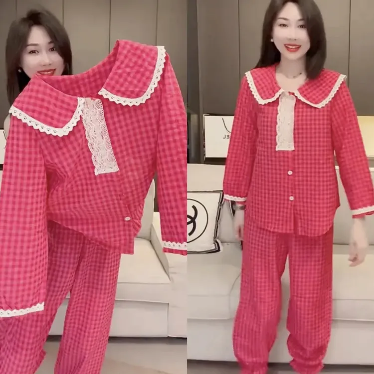 新款洋气甜美韩系娃娃领长袖款减龄格子睡衣套装女
