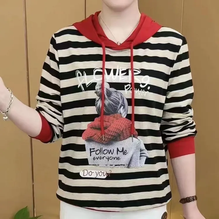 春秋新款长袖连帽t恤女装条纹大码中年时尚百搭减龄休闲显瘦上衣