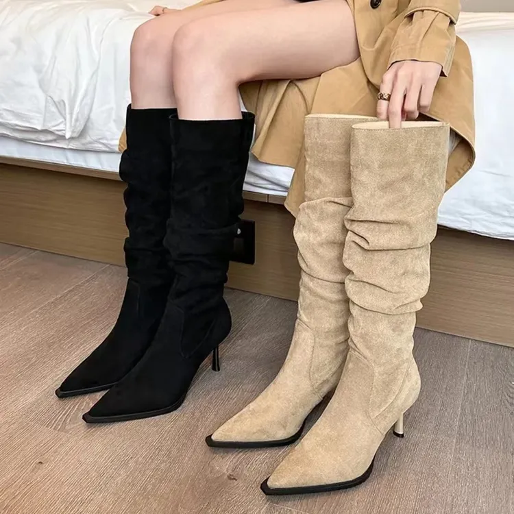 2025秋冬新款尖头瘦瘦靴不过膝长靴女绒面细高跟长筒时尚骑士女靴