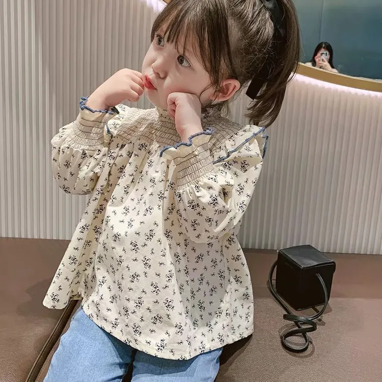 6086女童碎花长袖娃娃衬衫韩版2025春季新款女宝宝洋气公主打底
