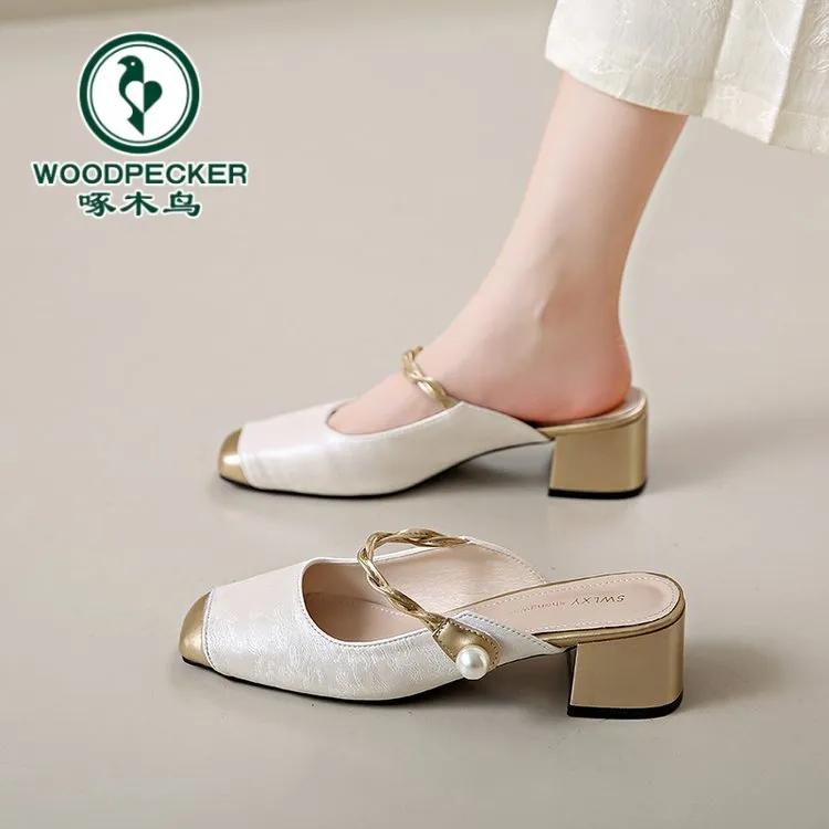 啄木鸟包头半拖鞋女夏季外穿2025新中式仙女粗跟配裙子一字带凉拖