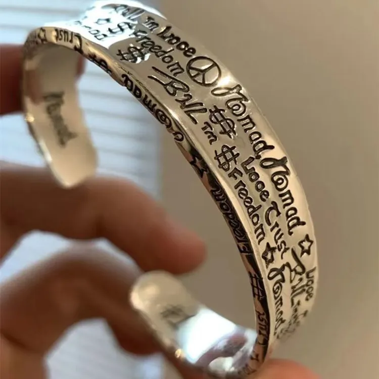 铜合金手镯 【送同款戒指】爆款涂鸦手镯小众设计开口情侣镀银手环
