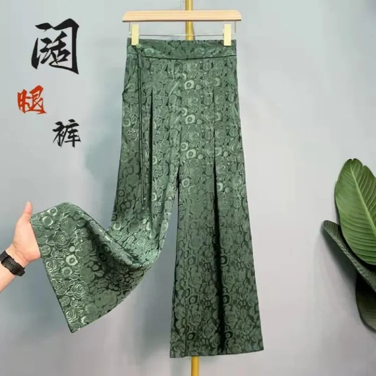 046款-提花阔腿裤中国风春夏高档女裤松紧腰休闲裤直筒显瘦九分裤