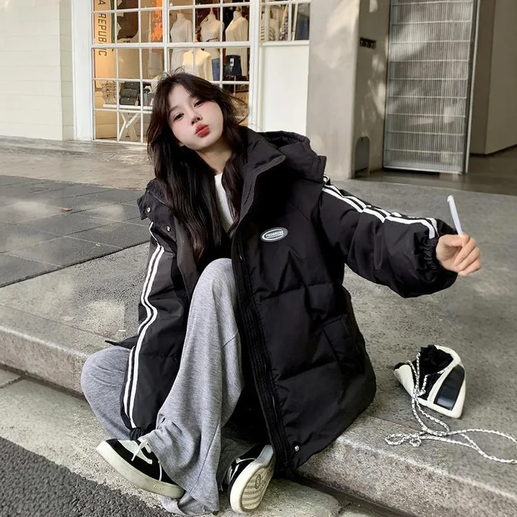 MK&DK学院风黑色棉服女冬季新款韩版宽松加厚棉服连帽外套情侣