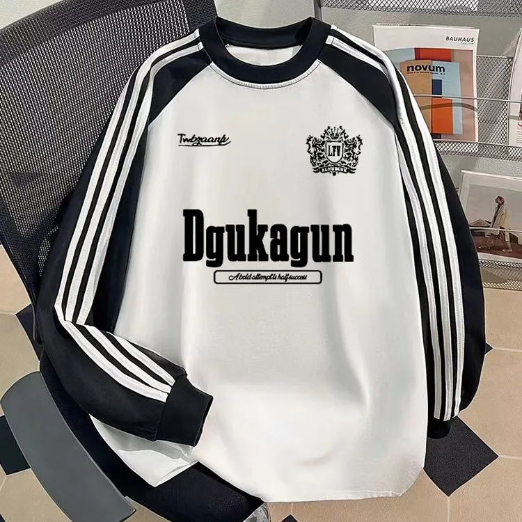 100%纯棉早秋复古学院风字母数字印花长袖男插肩撞色拼接宽松上衣