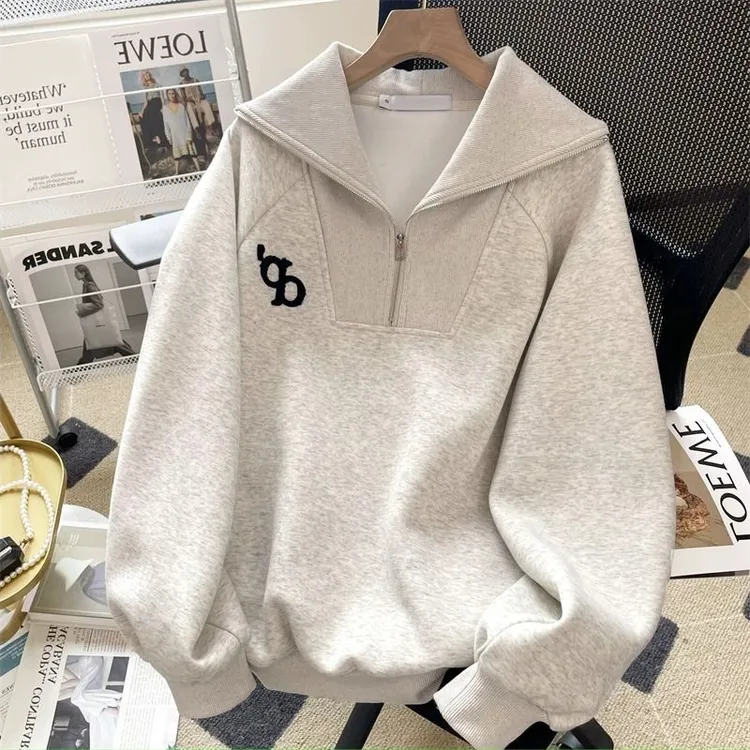 外贸清仓~剪标品牌大翻领卫衣女字母套头拉链小个子韩版百搭上衣