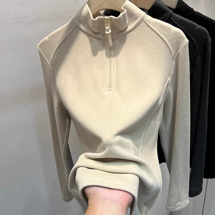 韩系感满满的!新款双面磨毛软糯德绒立领长袖女拉链内搭打底衫潮