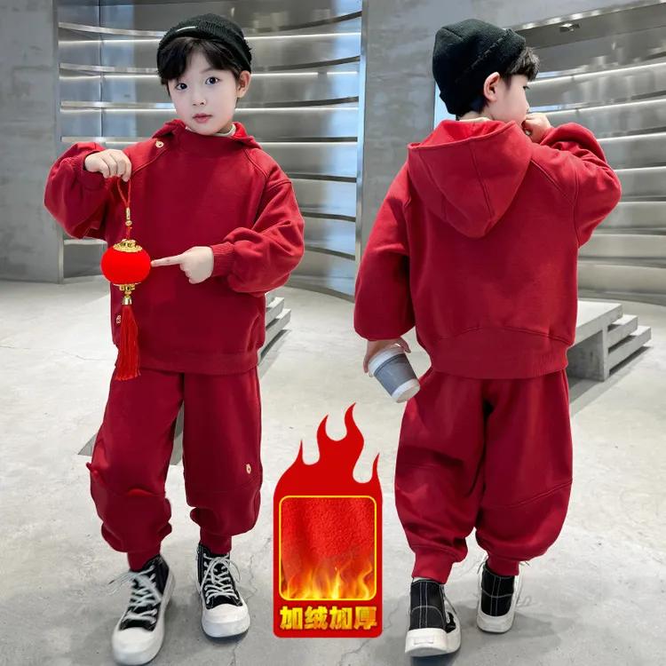 男童套装2026新款秋冬款中大童加绒加厚红色本命男孩儿童冬季卫衣