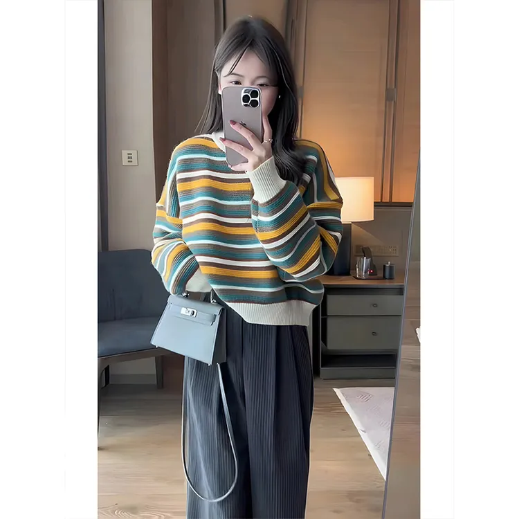 慵懒风条纹早秋卫衣女款2024新款减龄一整套穿搭松弛感阔腿裤套装