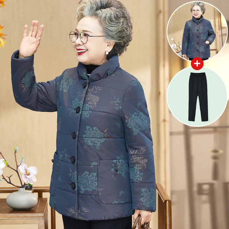 奶奶冬装加绒加厚棉服外套老年人妈妈冬天棉衣唐装老太太棉袄宽松