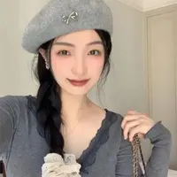 韩版可爱蝴蝶结刺绣新款羊毛贝雷帽帽子子女秋冬百搭大头围显画家