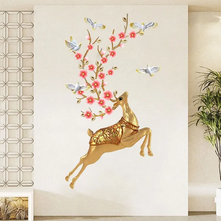 金色招财鹿现代北欧玄关餐厅挂画卧室沙发电视背景装饰自粘墙贴