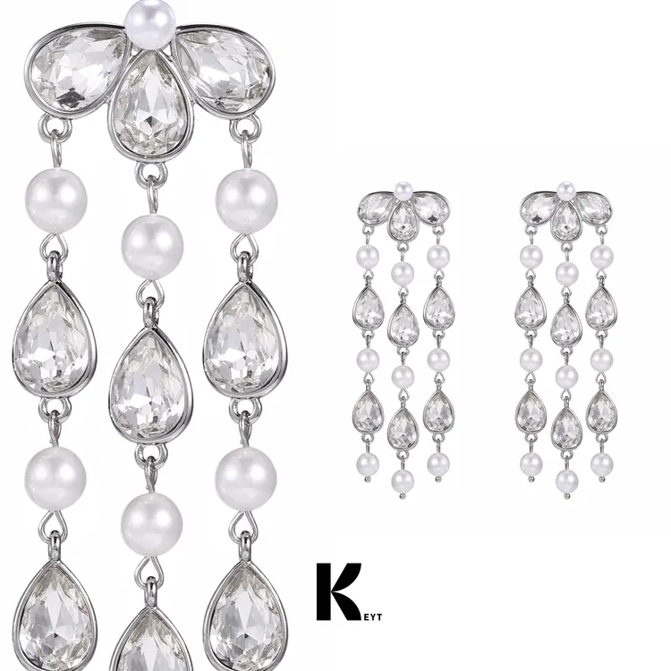 KEYT 铜合金合成锆石耳饰 白珠锆石双元素水滴流苏耳饰