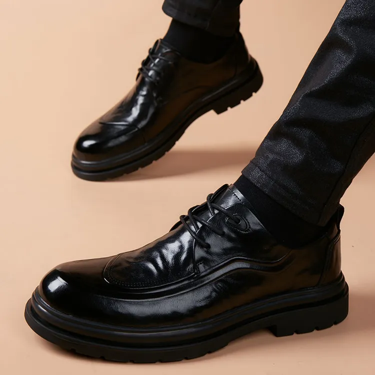 商务休闲皮鞋男士冬季新款英伦风潮流正装软底增高德比鞋真皮男鞋