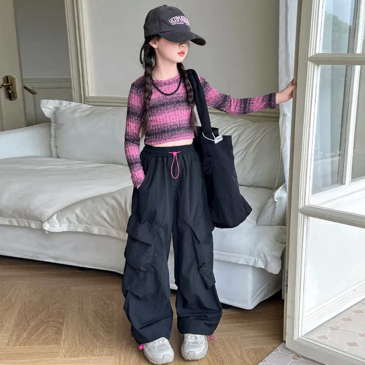 女童条纹薄款毛衣工装裤套装春秋2025新款中大童潮酷穿搭洋气时髦