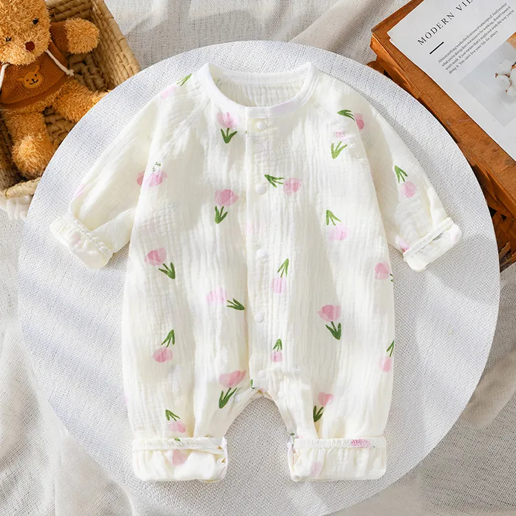 婴儿纯棉纱布夏季长袖连体衣女满月宝宝衣服棉纱睡衣0-3-6-9-12月