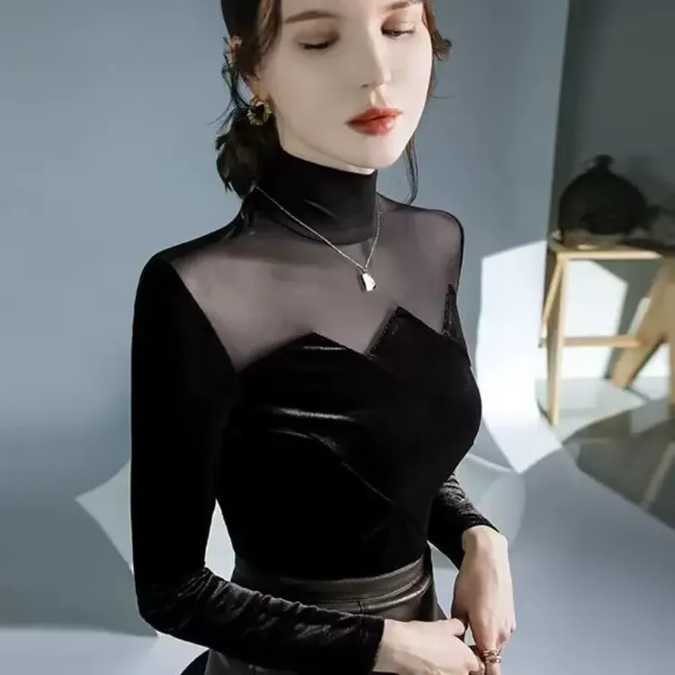 金丝绒打底衫女不规则设计感网纱拼接上衣时尚洋气内搭小衫长袖