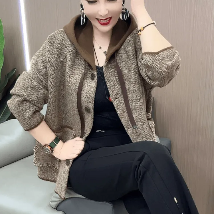 外套女中老年秋冬新款小个子流苏口袋韩版宽松年轻妈妈款连帽上衣